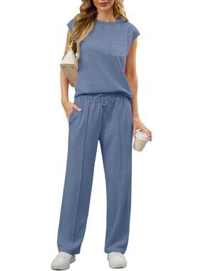 Women's Blue 2 Piece Sets Summer Outfits Sleeveless Wide Leg Tracksuits Casual